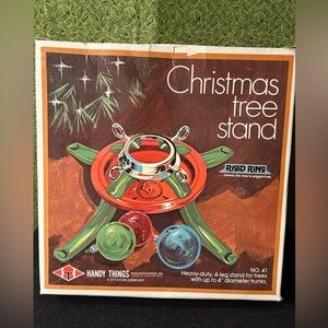 Vintage Christmas Tree Stand Metal Red and Green With Box Complete Handy Things